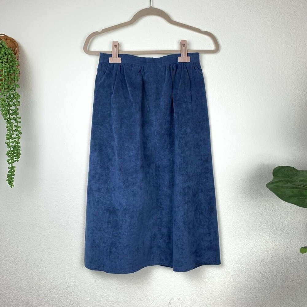Vintage Womens 4 6 Dusty Blue Ultra Suede Faux Midi Length Skirt Retro 60's 70's